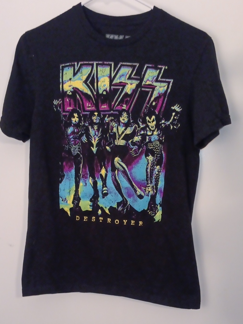 Kiss Black Tee with Neon Yellow Pink Blue Purple Graphic
